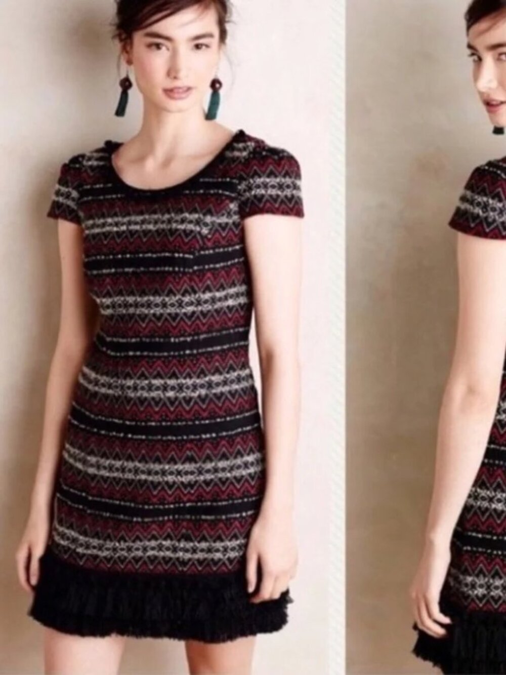 Vanessa Virginia by Anthropologie Jinete Blanket Pom Pom Fringe Tunic Dress 6